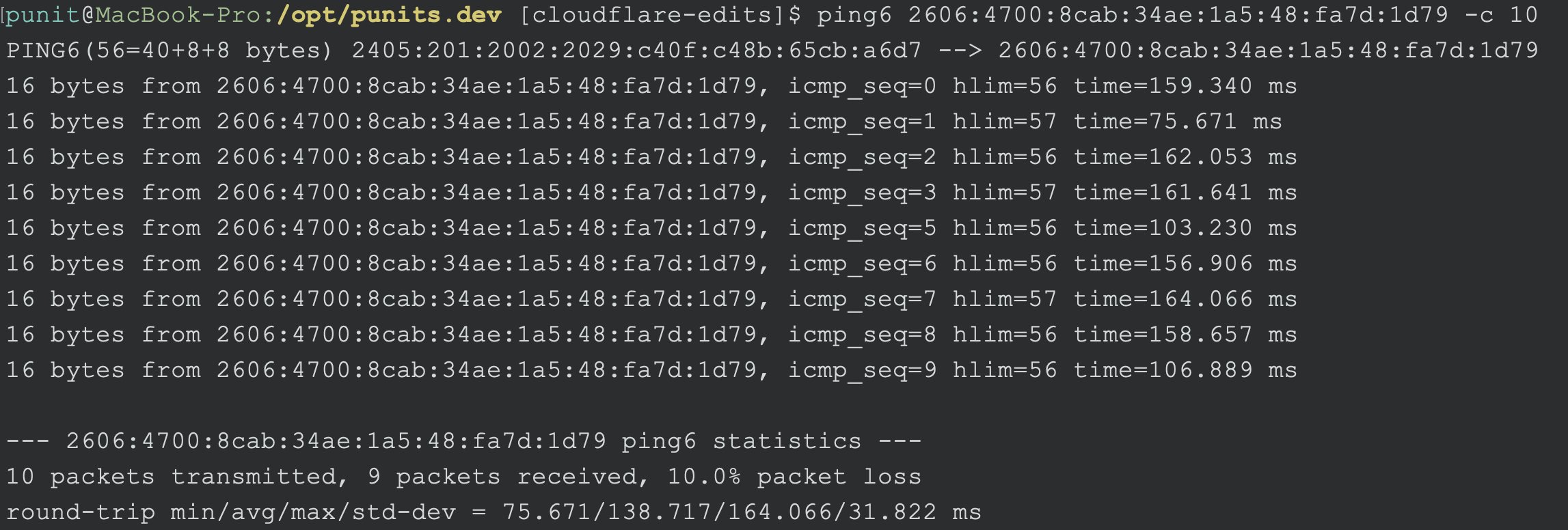测量到实际提供服务的 Cloudflare 节点的延迟